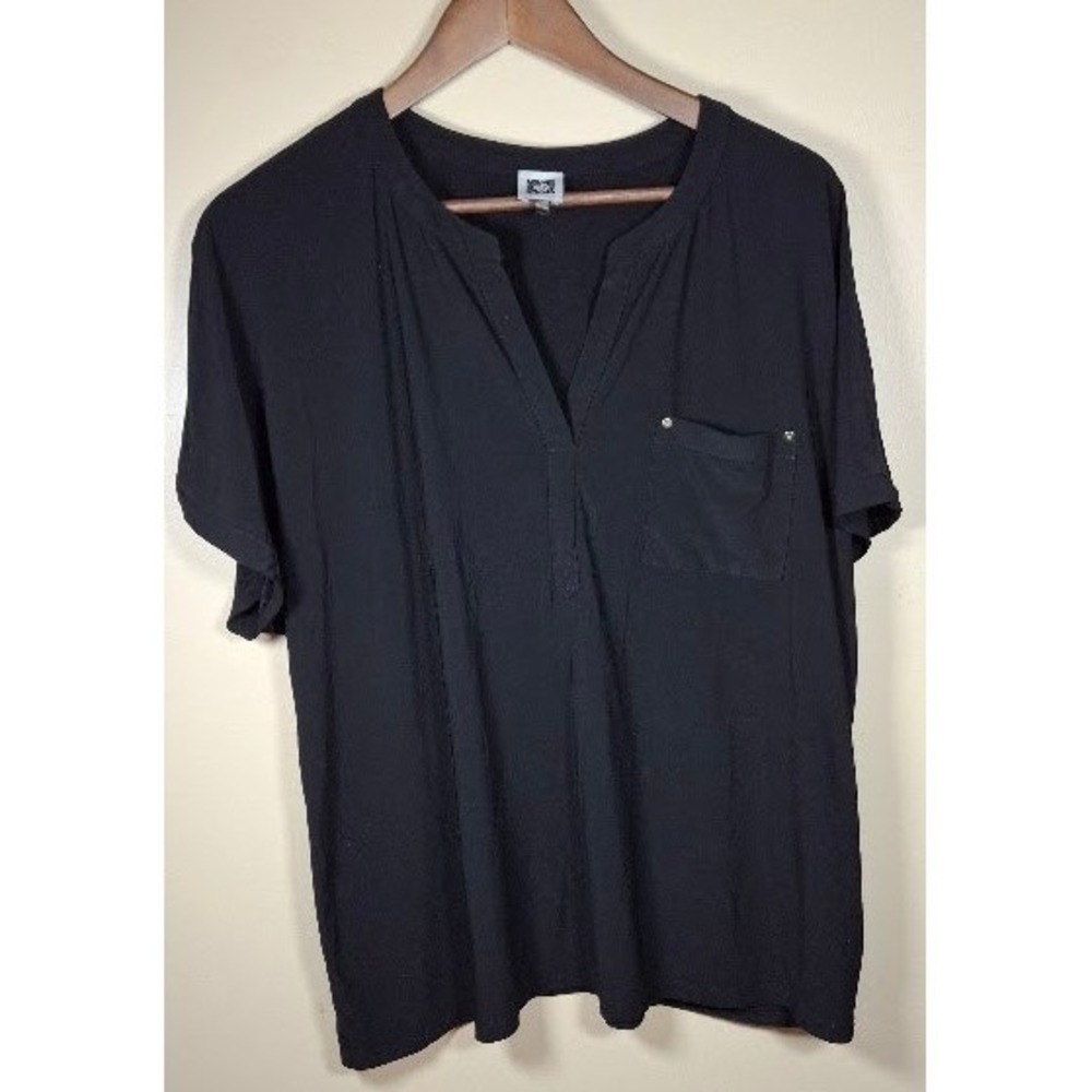 Anne Klein Womens Black Short Sleeve Split Neck Pocket Top XL 703MIAM484M